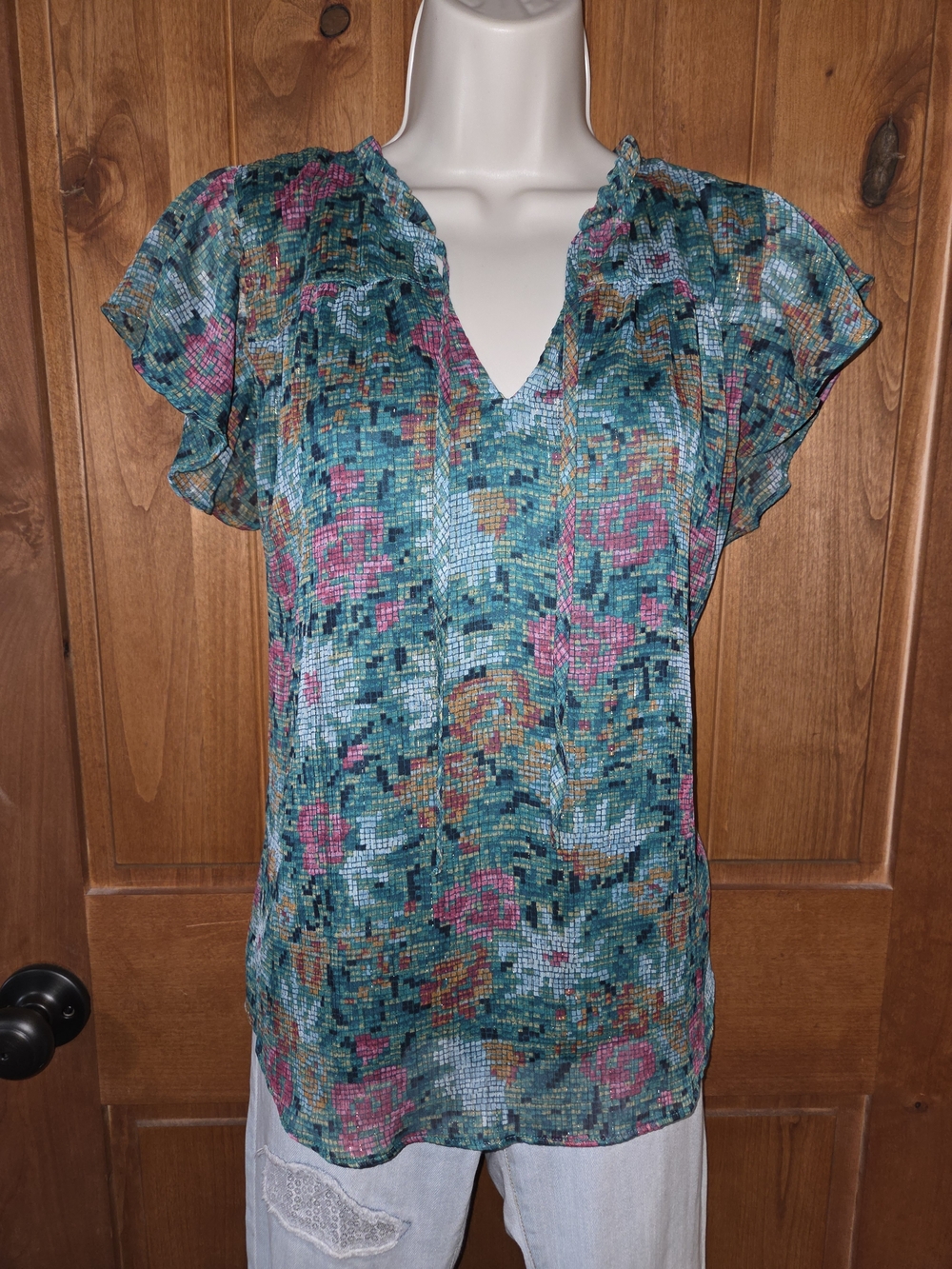 LC Lauren Conrad Teal Floral V-Neck Blouse with Pink Accents